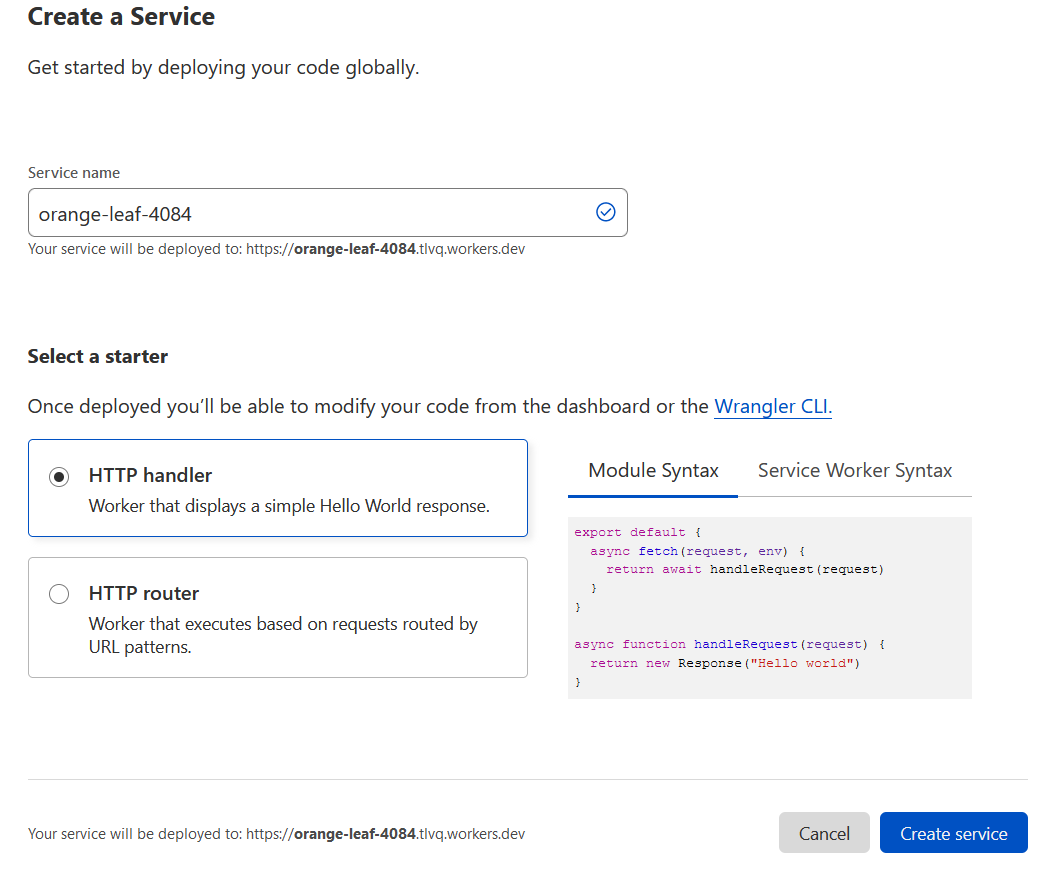 Create a service Screenshot of the ‘Create a service’ form in Cloudflare dashboard