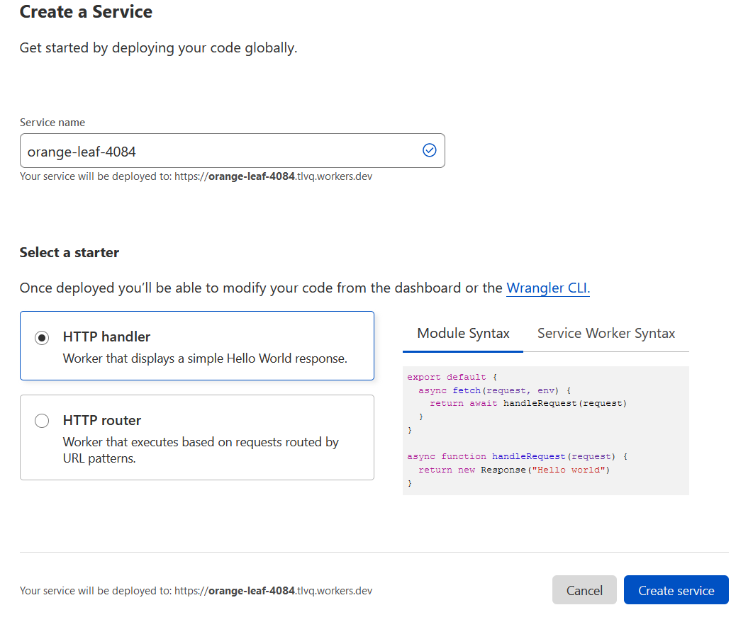 Screenshot of the ‘Create a service’ form in Cloudflare dashboard