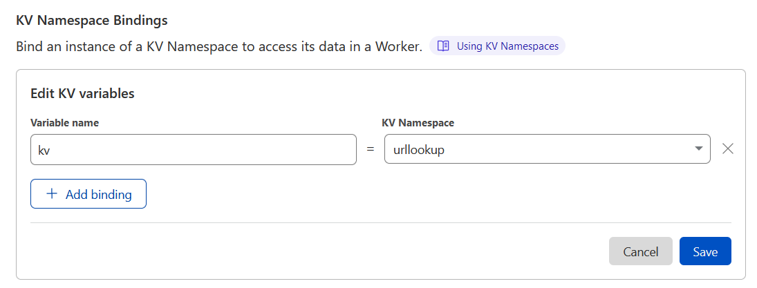 Screenshot of the “Add KV namespace binding” form