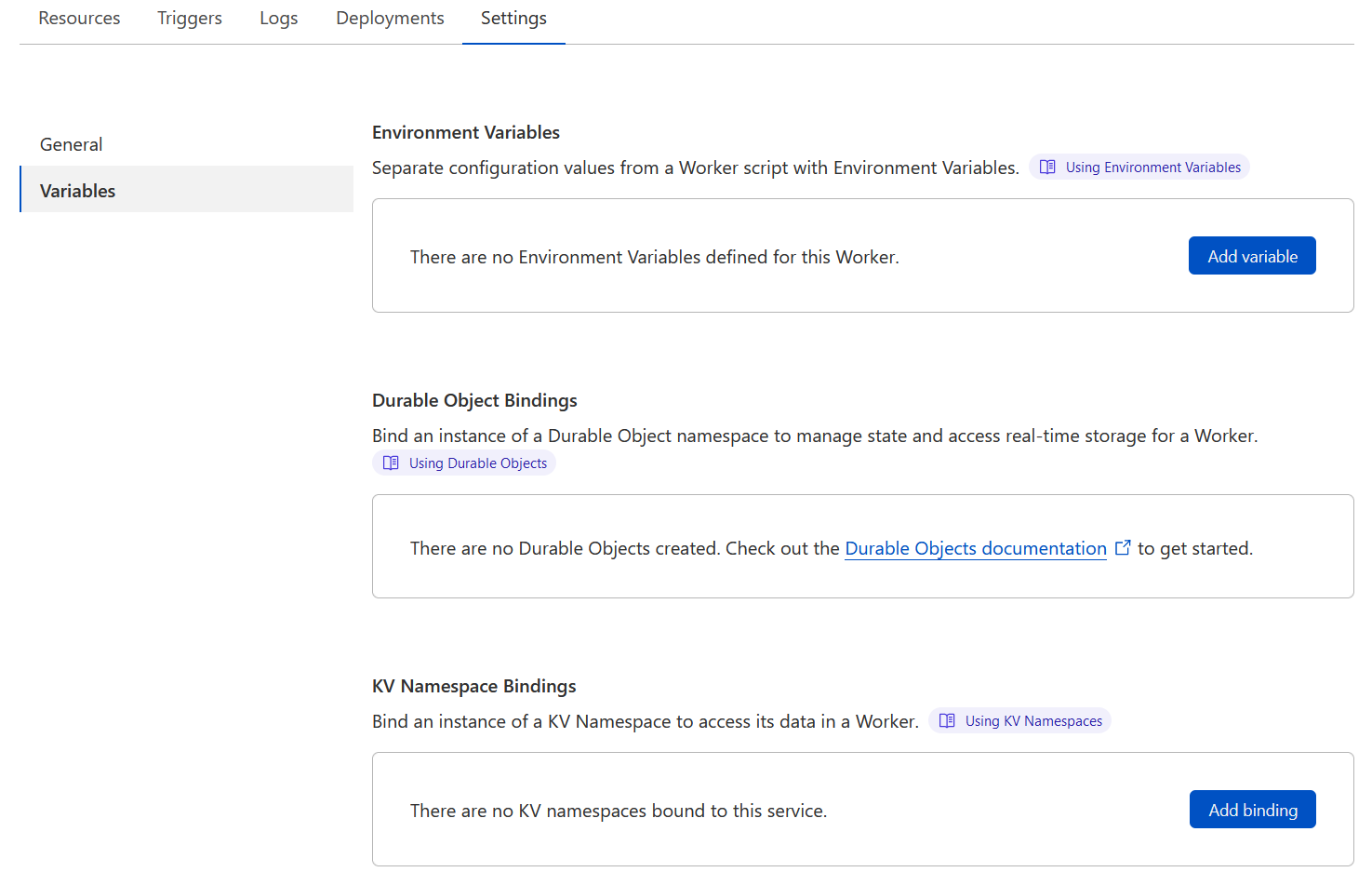Settings > Variables Screenshot of the Variables page of the service