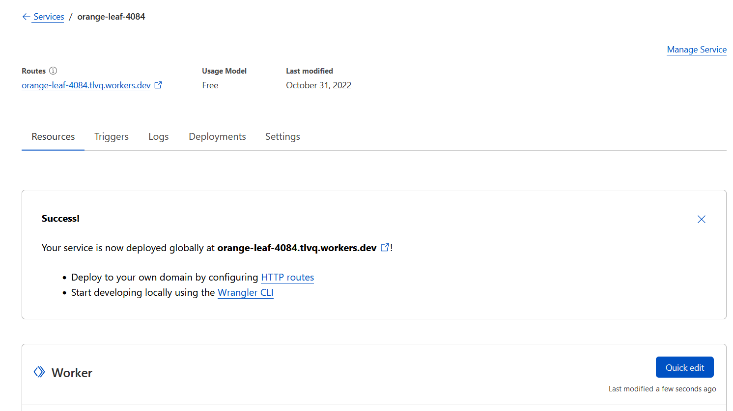 Service page Screenshot of the worker service page