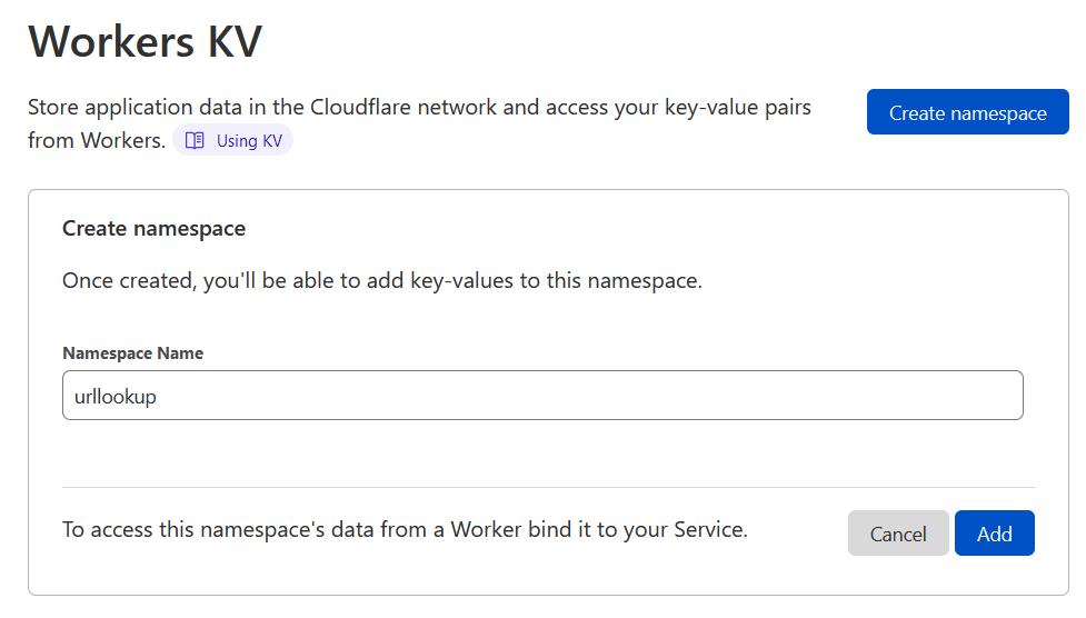 Screenshot of the ‘Create namespace’ form in Cloudflare dashboard
